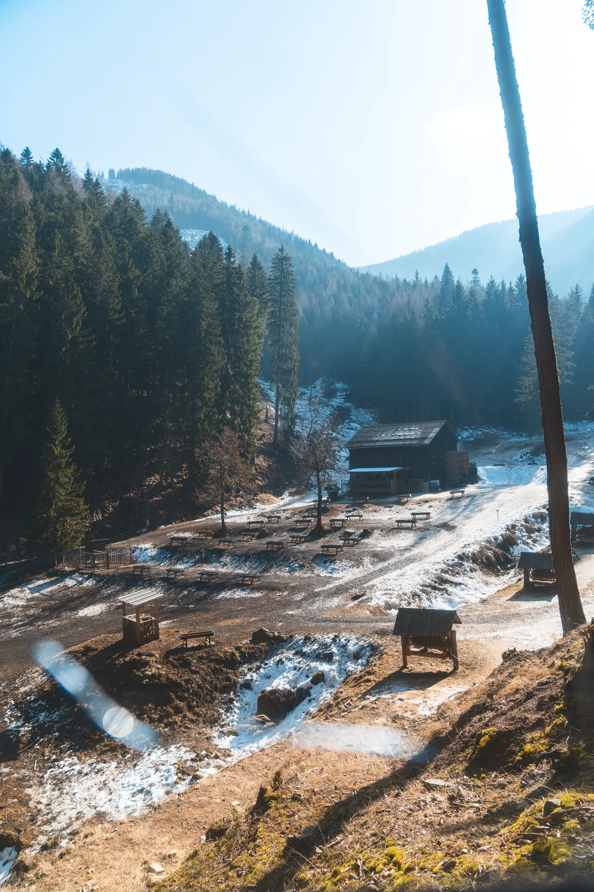 Fütterungsanlage mit Futterstellen und Hütte in einer teilweise verschneiten Waldlandschaft.